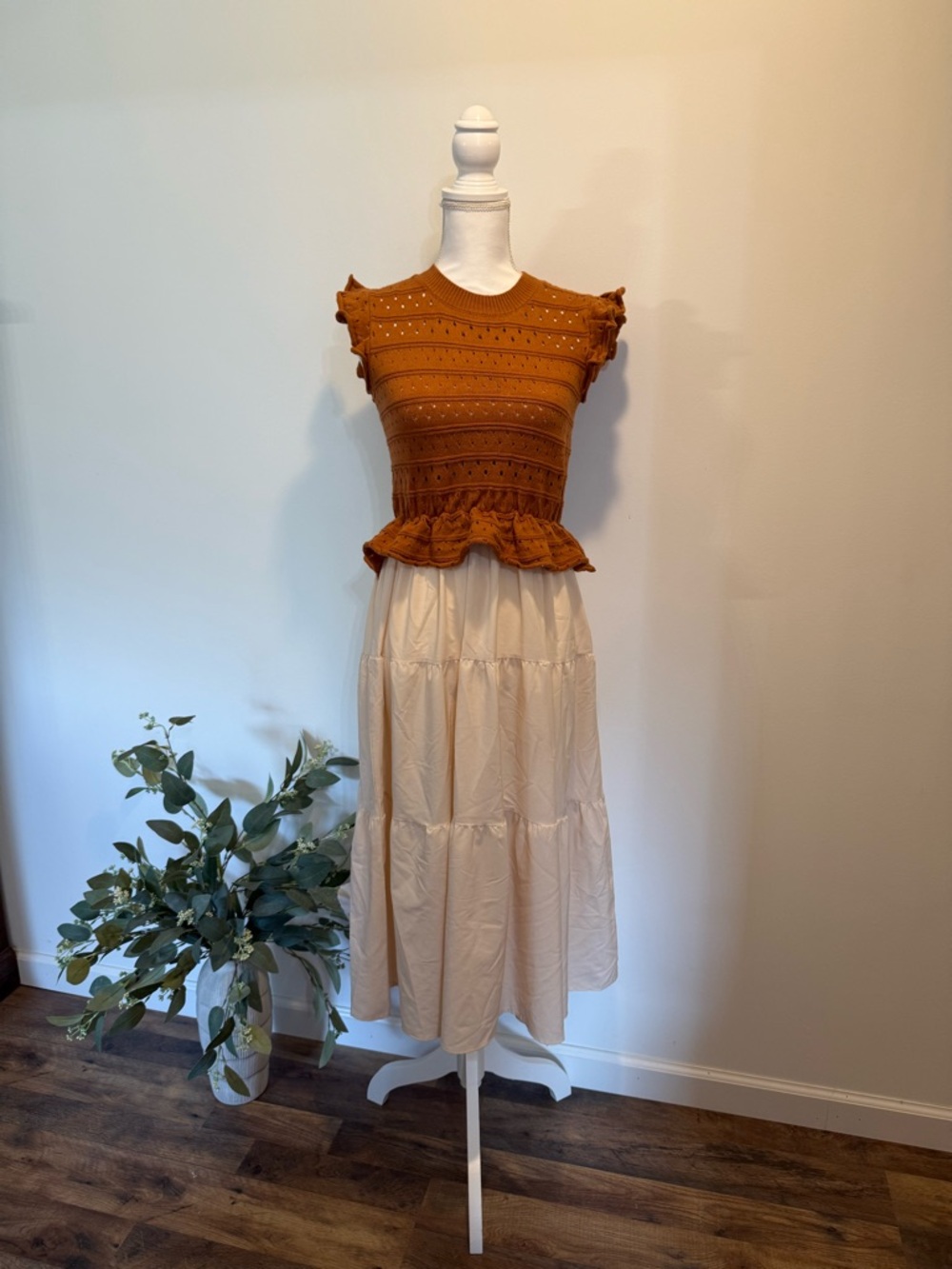 🤍 Cream Midi Dress with Rust Knit Top 🤍